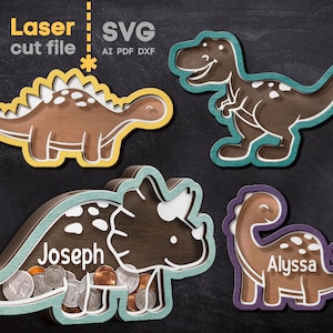Dinosaur Piggy Bank SVG Fichier découpé au laser pour Glowforge. Nom Tirelire Tirelire Tyrannosaure Triceratops Svg Dxf Ai Pdf TÉLÉCHARGEMENT INSTANTANÉ