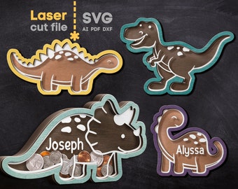 Dinosaur Piggy Bank SVG Laser cut file for Glowforge. Name Coin Bank Money Box Tyrannosaurus Triceratops Svg Dxf Ai Pdf INSTANT DOWNLOAD