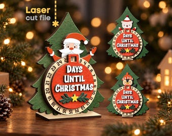 May include: A wooden Christmas tree countdown calendar featuring a red circular ornament with the text "DAYS UNTIL CHRISTMAS" and numbers 1 through 25. The design includes a Santa Claus figure, a polar bear, and a penguin on separate tree displays.