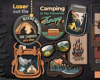 Pack SVG de camping. Fichier découpé au laser pour Glowforge Cricut Montagnes Tente Forêt Nature Ornement Silhouette Svg Dxf Ai Pdf Cdr TÉLÉCHARGEMENT INSTANTANÉ