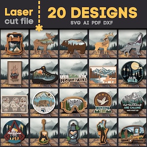 Paquete SVG de 20 diseños de carpas. Archivo cortado con láser para Glowforge, mochila con diseño de animales del bosque, guitarra, carpa, Svg, Dxf, Ai, Pdf, Cdr, DESCARGA INSTANTÁNEA