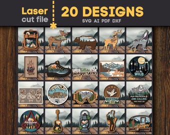 May include: Twenty laser cut designs featuring a variety of outdoor themes, including mountains, camping, hunting, and wildlife. The designs are in SVG, AI, PDF, and DXF formats.