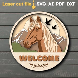 Benvenuto cavallo SVG. File tagliato al laser per Glowforge, cartello rotondo per fattoria animali da fattoria natura montagne, Svg Dxf Ai Pdf Cdr, DOWNLOAD IMMEDIATO