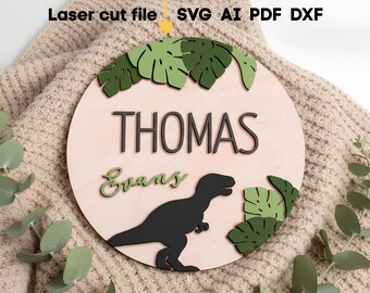 Dinosaur Baby Name Sign SVG. Laser cut file for Glowforge, Boy Girl Nursery Decor, Baby Shower Gift,  Svg Dxf Ai Pdf Cdr, INSTANT DOWNLOAD