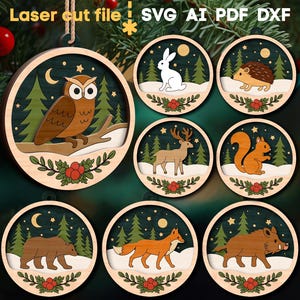 Christmas Tree Toys SVG Bundle. Laser cut file for Glowforge, Ornament Winter Forest Animals Owl Fox Hare, Svg Dxf Ai Pdf, INSTANT DOWNLOAD