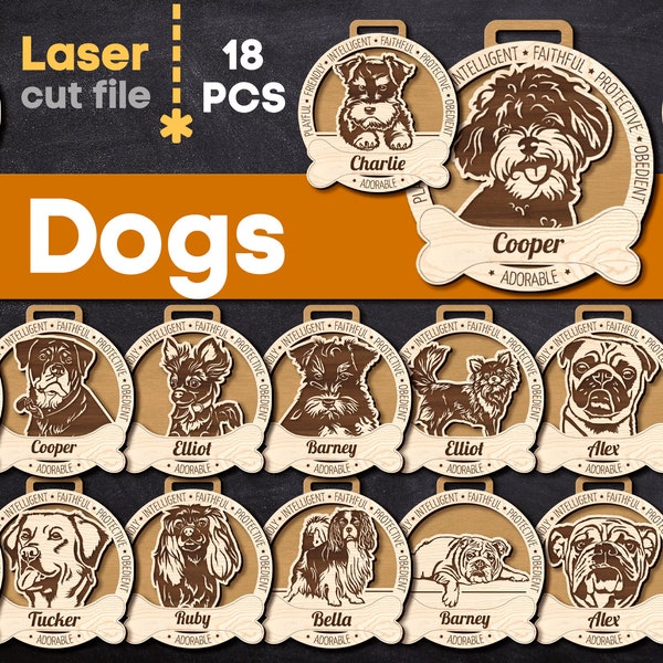 18 Dog ornaments SVG Bundle Laser cut file for Glowforge Medal Dog Name Tag Bulldog Labrador Pug Spaniel Svg Dxf Ai Pdf Cdr INSTANT DOWNLOAD