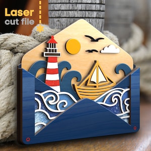 Envelope Mar SVG. Arquivo de corte a laser para Glowforge, Oceano, Farol, Gaivota, Ondas de Navio, Sol, Decoração de Casa, Svg Dxf Ai Pdf Cdr DOWNLOAD INSTANTÂNEO