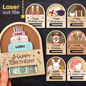 Paquete SVG de postales navideñas. Archivo cortado a láser para Glowforge. Feliz cumpleaños, Pascua, graduación, boda. Descarga instantánea.