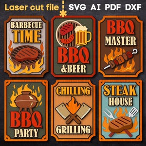 May include: A collection of six laser-cut signs with a barbecue theme. Each sign features a different design, including text like "Barbecue Time," "BBQ & Beer," and "BBQ Master." The signs are in shades of brown, orange, and yellow, with flames and food illustrations.