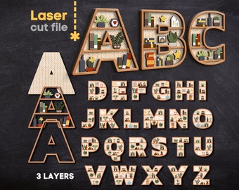Alphabet SVG. Laser cut file for Glowforge , Shelf Decor Books Houseplants Home Decor Letters Monograms Svg Dxf Ai Pdf Cdr INSTANT DOWNLOAD