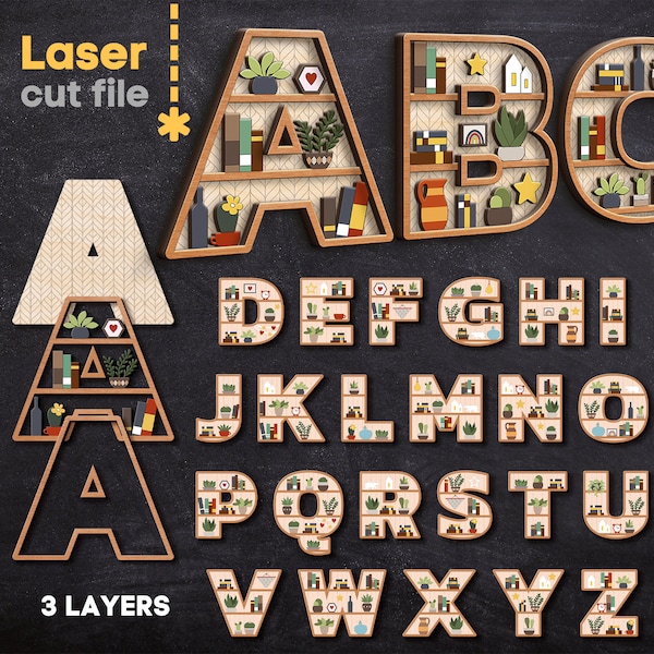 Alphabet SVG. Laser cut file for Glowforge , Shelf Decor Books Houseplants Home Decor Letters Monograms Svg Dxf Ai Pdf Cdr INSTANT DOWNLOAD
