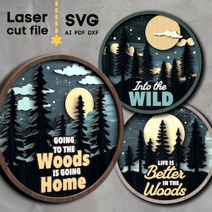 Pacchetto SVG foresta notturna. File tagliato al laser per Glowforge, Woods Moon Star Nature Trees Camping Round Sign, Svg Dxf Ai Pdf Cdr, DOWNLOAD immediato