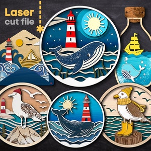 Pacchetto SVG di ornamenti marini. File tagliato al laser per Glowforge, Ocean Lighthouse Whale Seagull Ship Wave Marine, Svg Dxf Ai Pdf Cdr DOWNLOAD IMMEDIATO