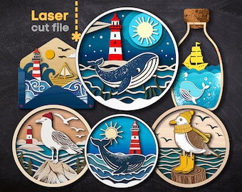 Sea Ornaments SVG Bundle. Laser cut file for Glowforge, Ocean Lighthouse Whale Seagull Ship Wave Marine, Svg Dxf Ai Pdf Cdr INSTANT DOWNLOAD