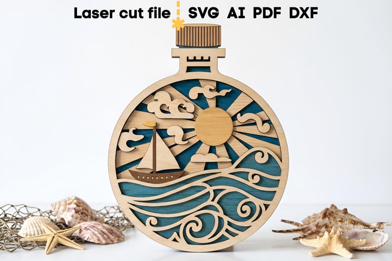 Lot de bouteilles de mer SVG. Fichier découpé au laser pour Glowforge, océan poisson dauphin hippocampe ancre navire sirène, Svg Dxf Ai Pdf Cdr, téléchargement immédiat image 6