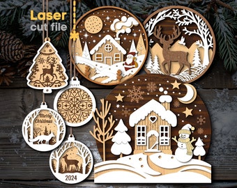 May include: A set of six laser cut wooden Christmas ornaments featuring winter scenes. The ornaments include a Christmas tree, a house with a snowman, a deer in the woods, a snowflake design, a house with a Santa Claus, and a deer in a winter forest. The ornaments are all round and have a brown wood background.