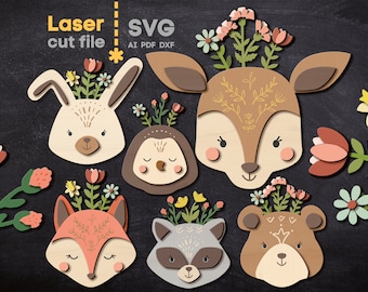 Animals with flowers SVG Bundle. Laser cut file for Glowforge, Deer Raccoon Fox Hare Bear, Svg Dxf Ai Pdf Cdr, INSTANT DOWNLOAD