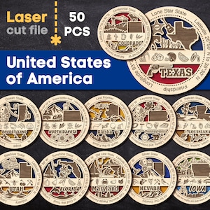 アメリカの 50 州バンドル SVG。Glowforge 用レーザーカット ファイル、メダル リワード プライズ アワード SVG Dxf Ai Pdf Cdr、即時ダウンロード