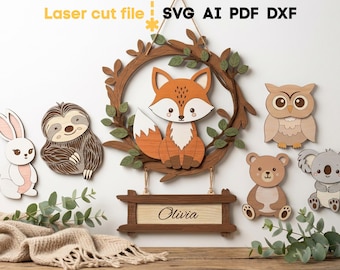 Couronne de bébé nom signe SVG Bundle. Fichier découpé au laser pour Glowforge, animaux renard lièvre Koala ours paresseux hibou, Svg Dxf Ai Pdf Cdr, téléchargement immédiat