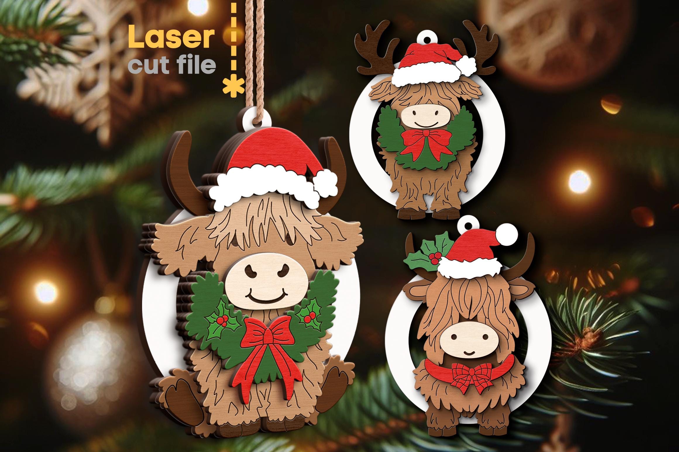 Highland Cow Christmas Tree Toys SVG Bundle. Laser cut file for Glowforge, Farm Bull Farmhouse Ornament, Svg Dxf Ai Pdf, INSTANT DOWNLOAD