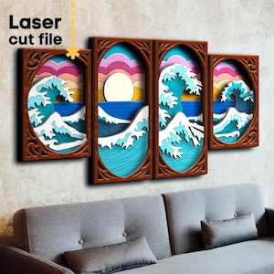 May include: A set of four wood wall art panels featuring a layered design of ocean waves and a sunset. The panels are painted in shades of blue, green, pink, and yellow.