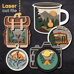 Puede incluir: Conjunto de diseños de archivos de corte por láser para manualidades. Incluye una taza, una mochila, una brújula, una cámara y una caravana con el texto "Making Memories".
