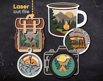 Сamping SVG Bundle. Laser cut file for Glowforge Mountains Mug Compass Forest Nature Ornament Silhouette Svg Dxf Ai Pdf Cdr INSTANT DOWNLOAD