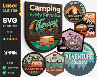 Сamping SVG signs Bundle. Laser cut file for Glowforge Cricut, Happy camper Mountains Tent Forest Nature Svg Dxf Ai Pdf Cdr INSTANT DOWNLOAD