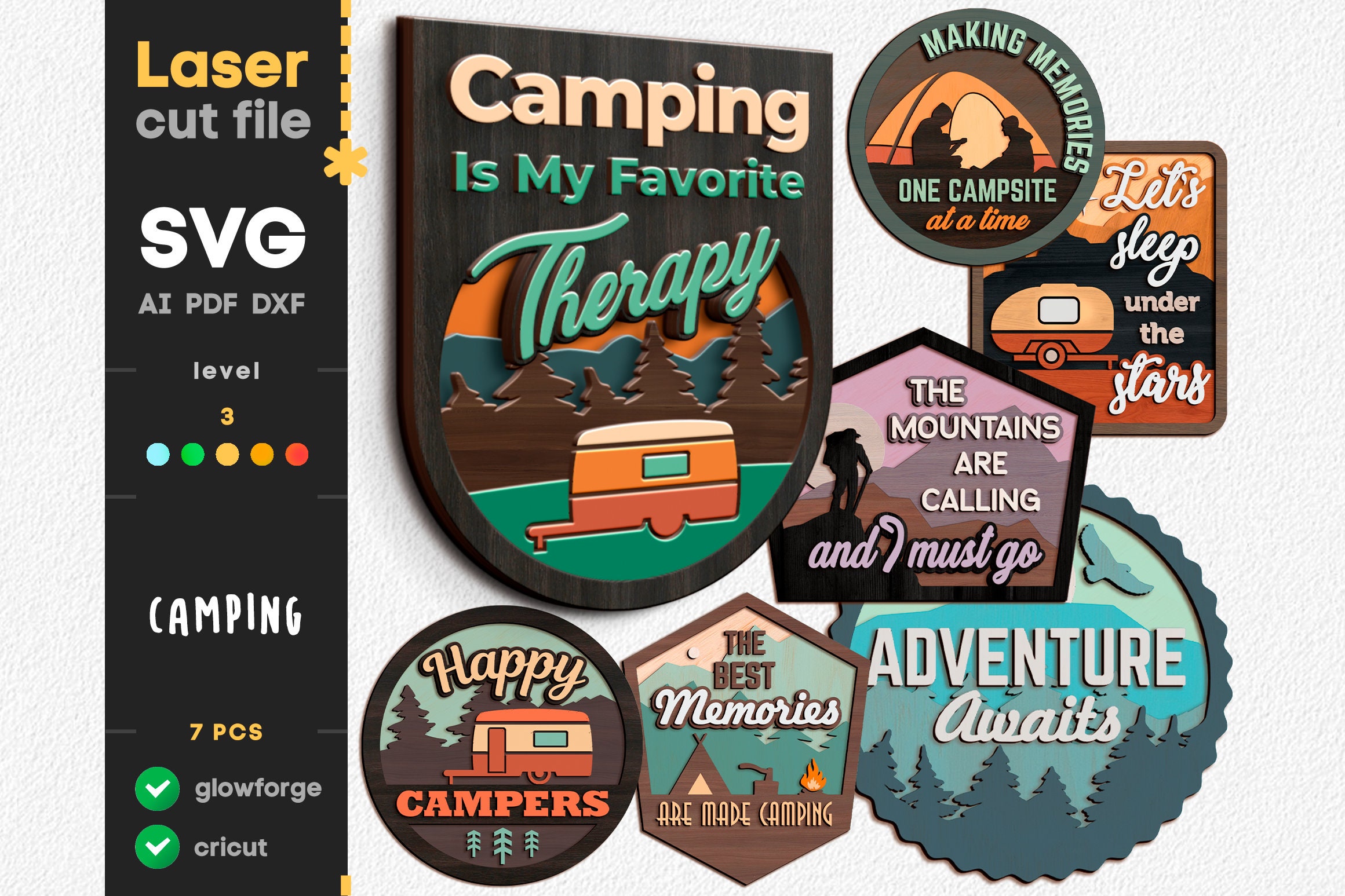 Сamping SVG Signs Bundle. Laser Cut File for Glowforge Cricut, Happy Camper  Mountains Tent Forest Nature Svg Dxf Ai Pdf Cdr INSTANT DOWNLOAD 