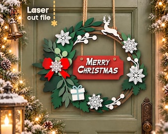May include: A decorative Christmas wreath featuring green foliage, white snowflakes, a red bow, a small gift box, and a white reindeer silhouette. A central red rectangular sign displays the white text Merry Christmas. The wreath hangs by a rope.