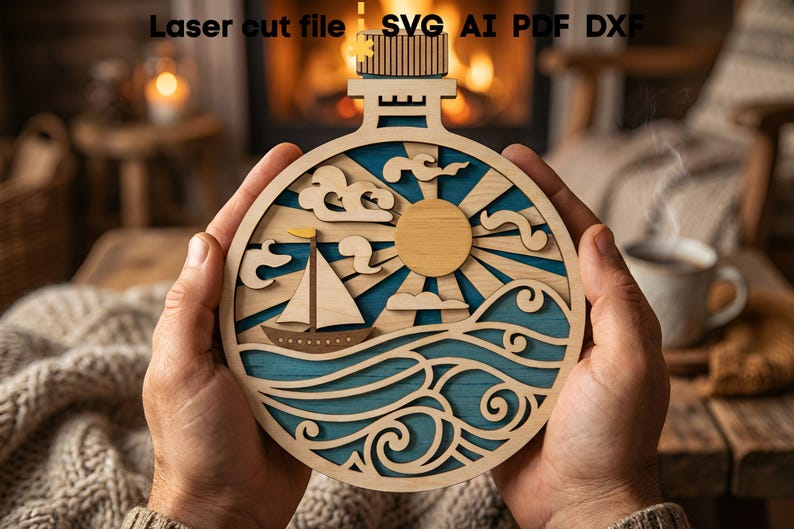 Lot de bouteilles de mer SVG. Fichier découpé au laser pour Glowforge, océan poisson dauphin hippocampe ancre navire sirène, Svg Dxf Ai Pdf Cdr, téléchargement immédiat image 8