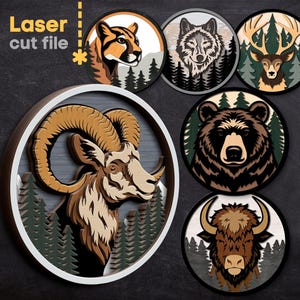 Pacchetto SVG di animali della foresta. File tagliato al laser per Glowforge, Natura Lupo Orso Puma Capra Cervo Cartello rotondo, Svg Dxf Ai Pdf Cdr, DOWNLOAD IMMEDIATO