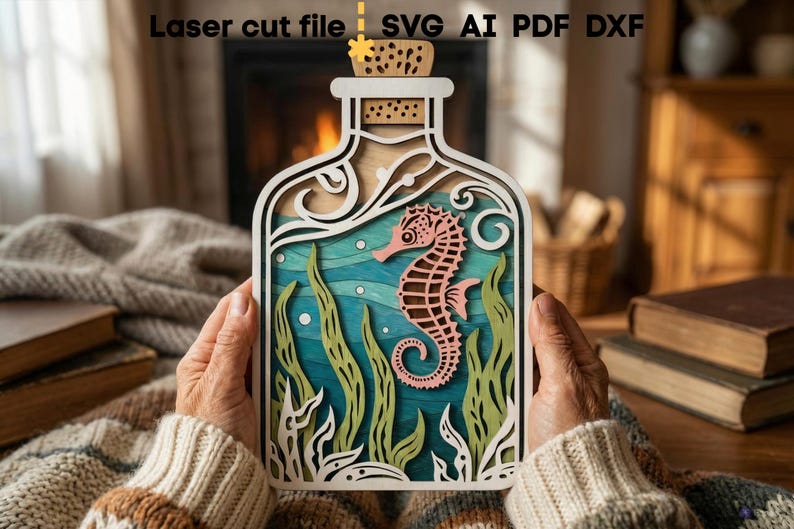 Lot de bouteilles de mer SVG. Fichier découpé au laser pour Glowforge, océan poisson dauphin hippocampe ancre navire sirène, Svg Dxf Ai Pdf Cdr, téléchargement immédiat image 5