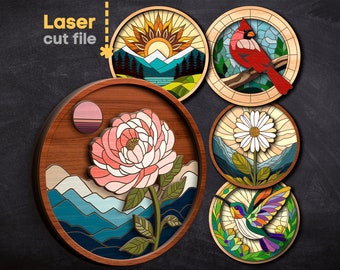 Lot peinture nature SVG. Fichier découpé au laser pour Glowforge, panneau rond de forêt de colibris cardinal de fleur, téléchargement immédiat de Svg Dxf Ai Pdf Cdr