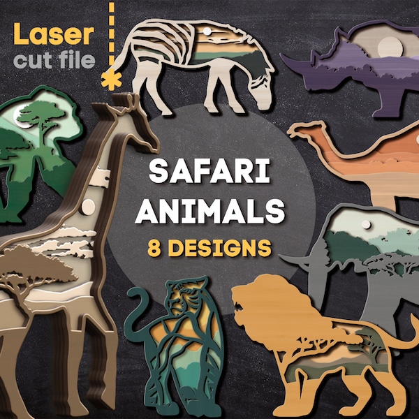 Afrika SVG Bundle. Laser geschnittene Datei für Glowforge Cricut, Safari Tiere Löwe Nashorn Giraffe Tiger Elefant Gorilla Zebra, SVG Dxf Ai Pdf Cdr