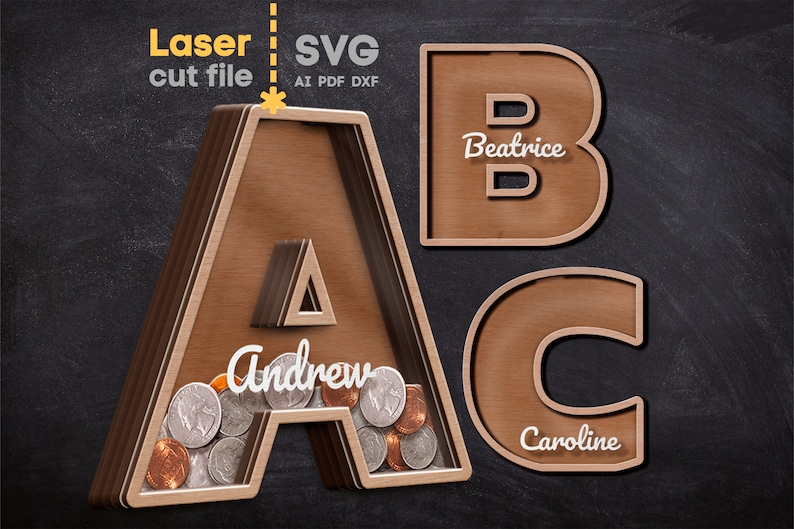 Coin Bank Lettering Alphabet Piggy Bank SVG Laser Cut File for Glowforge Name Coin Bank ...