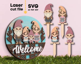 Gnome Family SVG. Laser cut file for Glowforge, Garden Stakes, Spring Welcome Round Sign, Door Hanger, Svg Dxf Ai Pdf Cdr, INSTANT DOWNLOAD