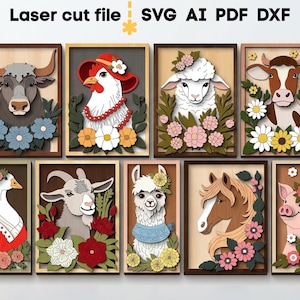 Farm Animals SVG Bundle. Laser cut file for Glowforge, Goat Cow Sheep Horse Pig Llama Bull Layered Frame Svg Dxf Ai Pdf Cdr INSTANT DOWNLOAD