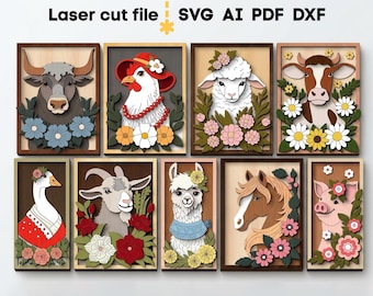 Paquete de archivos SVG de animales de granja. Archivo de corte láser para Glowforge, marco en capas de cabra, vaca, oveja, caballo, cerdo, llama y toro. Descarga instantánea en formato SVG, DXF, AI, PDF y CDR.