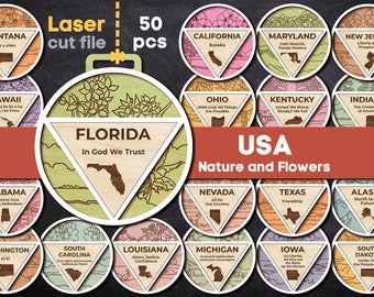 50 American States SVG Bundle. Laser cut file for Glowforge, Christmas Tree Toy, USA Coaster, Ornament, Svg Dxf Ai Pdf Cdr, Instant DOWNLOAD