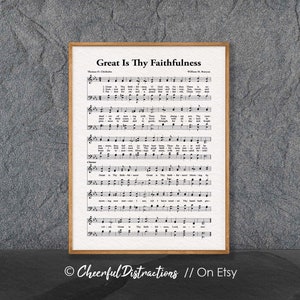 May include: A vintage sheet music print of the hymn "Great Is Thy Faithfulness" by Thomas O. Chisholm and William M. Runyan. The sheet music is printed in black ink on white paper and features the lyrics and musical notation.