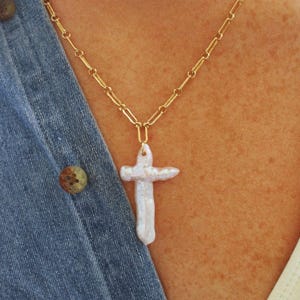 XL Freshwater Pearl Cross Necklace- Large Baroque Pearl Cross on 18k Gold-Filled Paperclip Link Chain Necklace, Pearl Crucifix Necklace