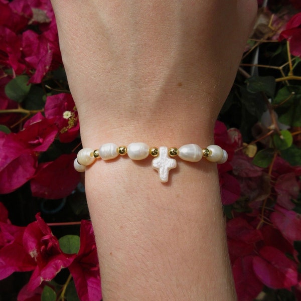 Freshwater Pearl Cross & Gold Beaded 2mm, 4mm Bracelet, Stacking Cross Bracelet, Gold Bangle, Beachy Elegant Christian Jewelry