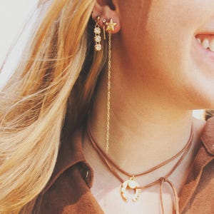 Whimsy Earrings- Vintage Antiqued Gold Bezel Star Stud Posts with 18k Gold Filled Sequin Chain Dusters, Simple Gold Stacking Gifting Earring
