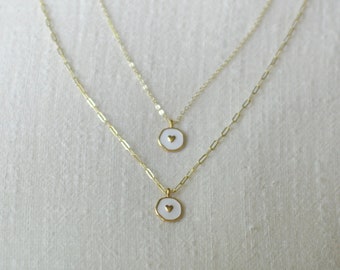 Juno Necklace- White Enamel Heart Coin Gold Plated Necklace, Layering Gold Plated Jewelry, Preppy Jewelry