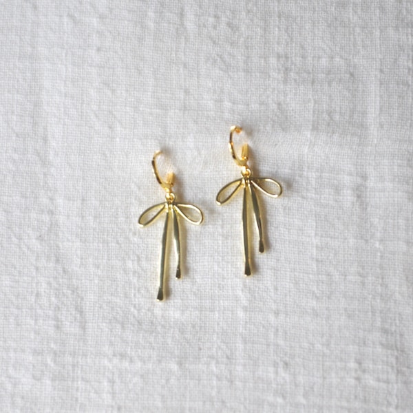 Gold Ribbon Bow Huggies- Gold Bow Earrings, Gold Plated Jewelry