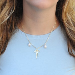 Leila Necklace- Gold Bow Charm Necklace, Freshwater Pearl Necklace, Statement Necklace, Pearl & Bow Necklace, Coquette
