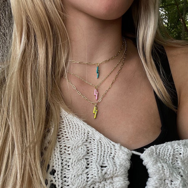 Zahra Necklace- Enamel Lightning Bolt Preppy Necklace, Beachy Gold Plated Jewelry