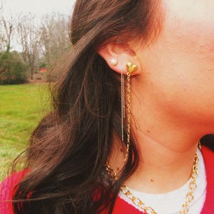 Puffy Heart Chain Duster Earrings- Vintage Antiqued Gold Puffy Heart Studs with 18k Gold Filled Sequin Long Duster Chain, Affordable Earring