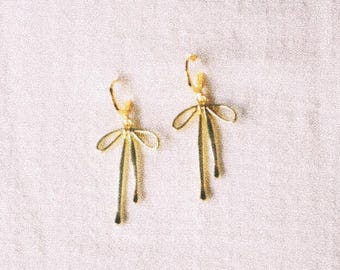 Gold Ribbon Bow Huggies- Gold Bow Earrings, Gold Plated Jewelry